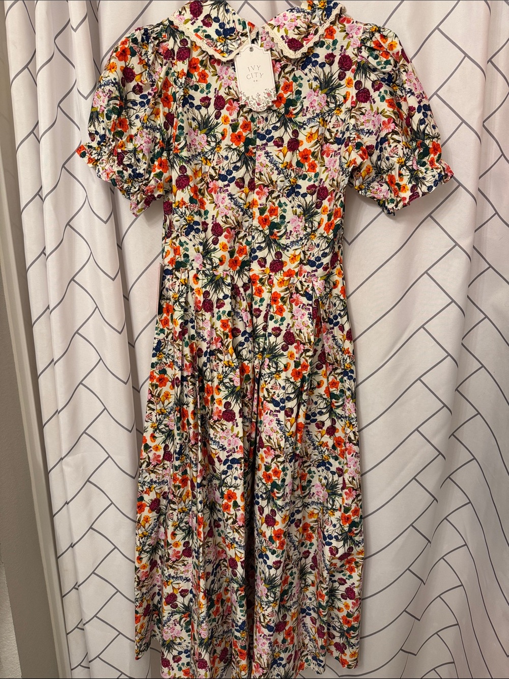 Ivy City Co Floral Puff Sleeve Cream Dress with Multicolor Blooms - Picture 3 of 7